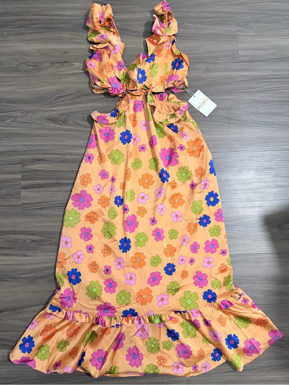 Show Me Your MuMu Orange Floral Ruffle Maxi Dress with Pink & Green Accents